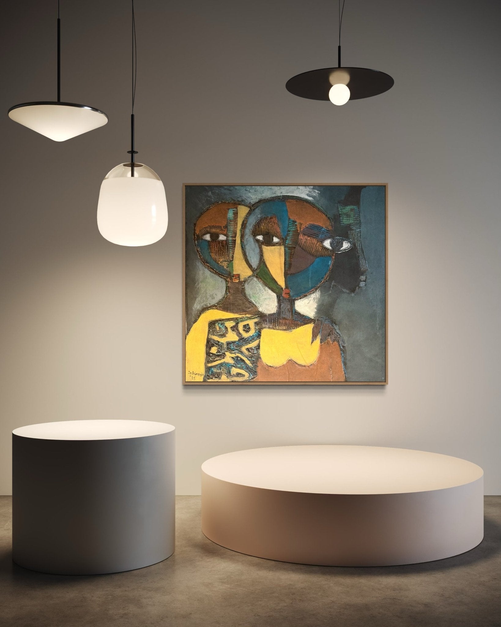A modern interior features two round minimalist tables, three pendant lights, and "Faces in the heart"—a colorful, hand-signed J.O. Aransiola painting with a certificate of authenticity—creating a clean, contemporary vibe.