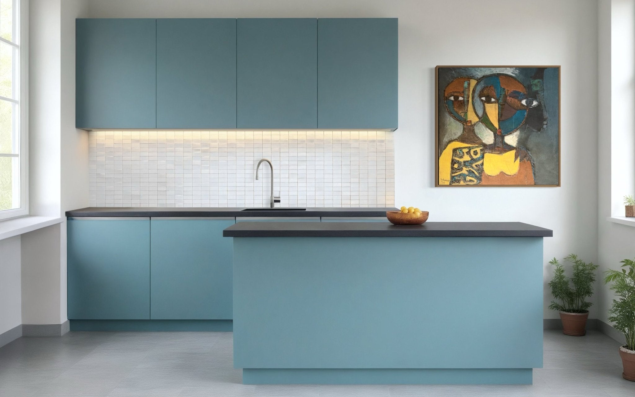 Modern kitchen with matte blue cabinets, black countertop, central island, white tile backsplash, a bowl of oranges, potted plants, and "Faces in the heart" by J.O. Aransiola—hand-signed with certificate—on the wall. Natural light streams in.