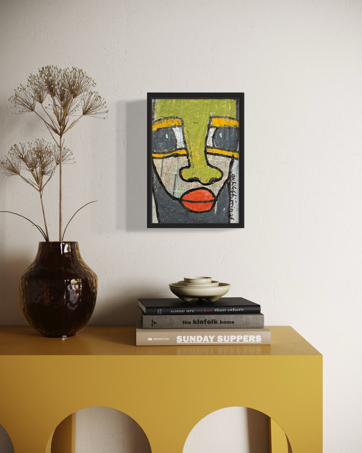 "Faces on Newsprint" in Olive & Vermilion by Akhile Ehiforia - Bibianna African Art Collective