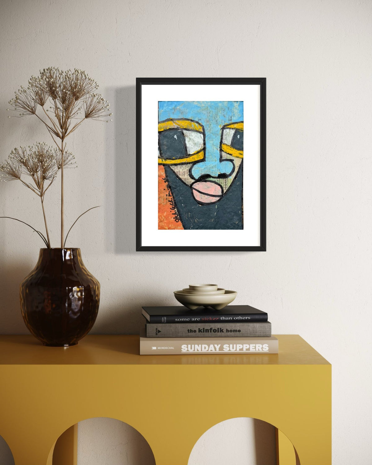 "Faces on Newsprint" in Sky Blue & Yellow by Akhile Ehiforia - Bibianna African Art Collective