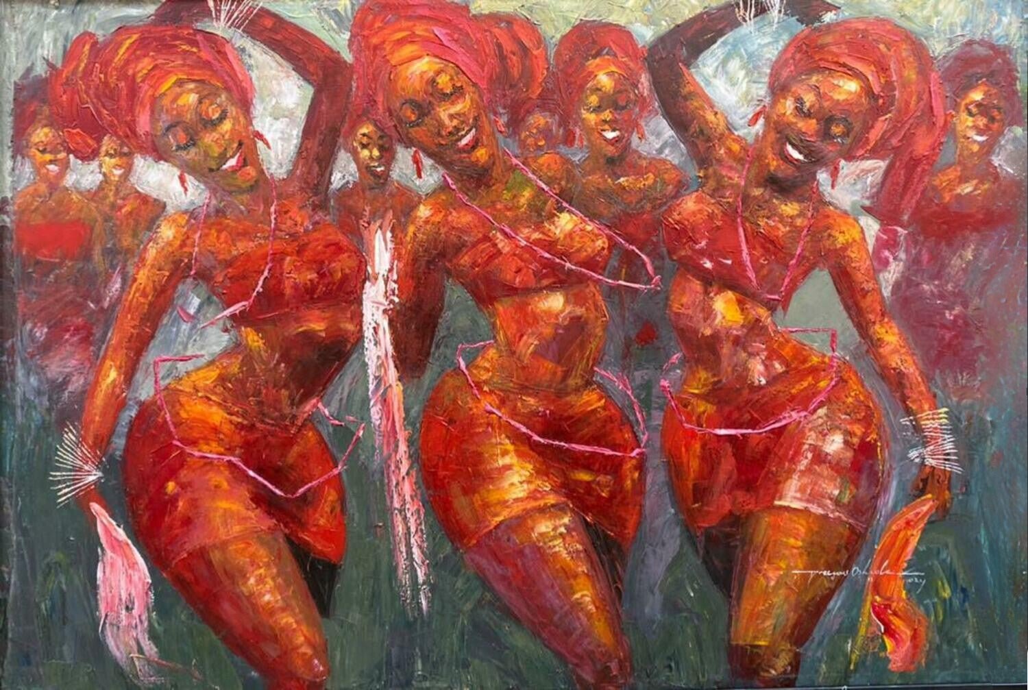 'Festival Dance' by Precious Oshole is a vibrant contemporary African painting featuring joyful women dancing in colorful red attire, captured with energetic brushstrokes and bright acrylics on canvas.