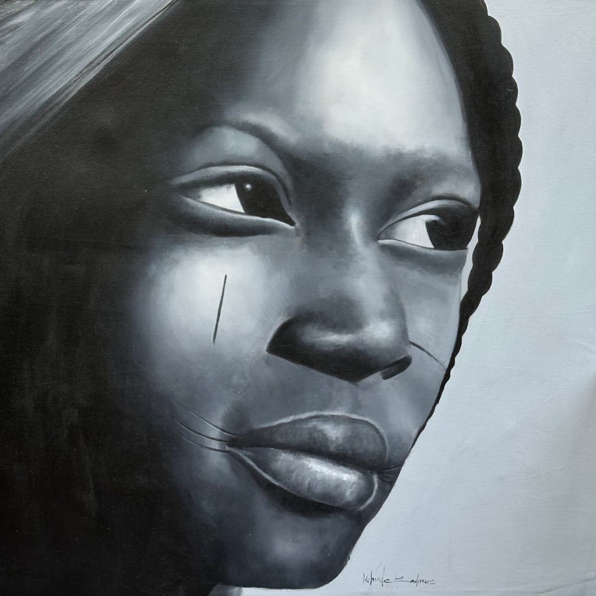 My Tribe" by Kehinde Badmuss is a striking acrylic on canvas portrait of a Nigerian woman, showcasing delicate tribal facial marks that celebrate her cultural heritage.