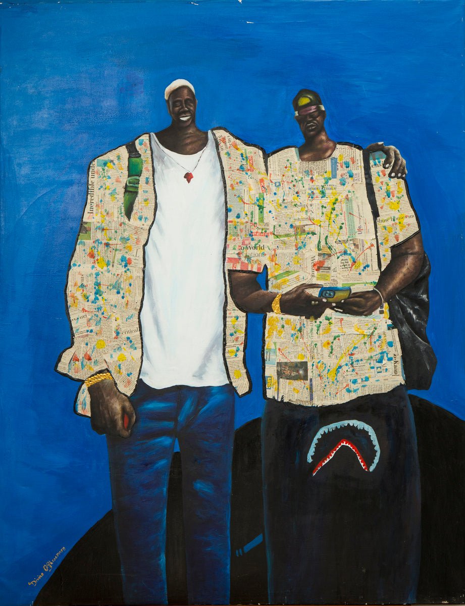 Friendship" by bibianna.co.uk is a hand-signed original painting of two Black men in map-design shirts against a blue background. One has an arm around the other, holding a map—both display relaxed, confident expressions.
