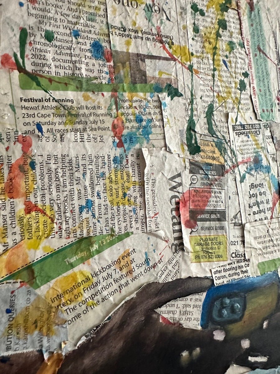 Close-up of "Friendship" by bibianna.co.uk—a mixed media acrylic collage created from torn newspaper pieces, some showing event listings, and splattered with vibrant yellow, red, green, and blue paint.