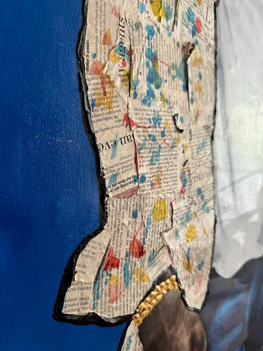 A close-up of "Friendship" by bibianna.co.uk—a textured mixed media acrylic artwork with crumpled newspaper, colorful paint splatters outlined in black on a blue background, and gold & dark brown accents at the bottom.