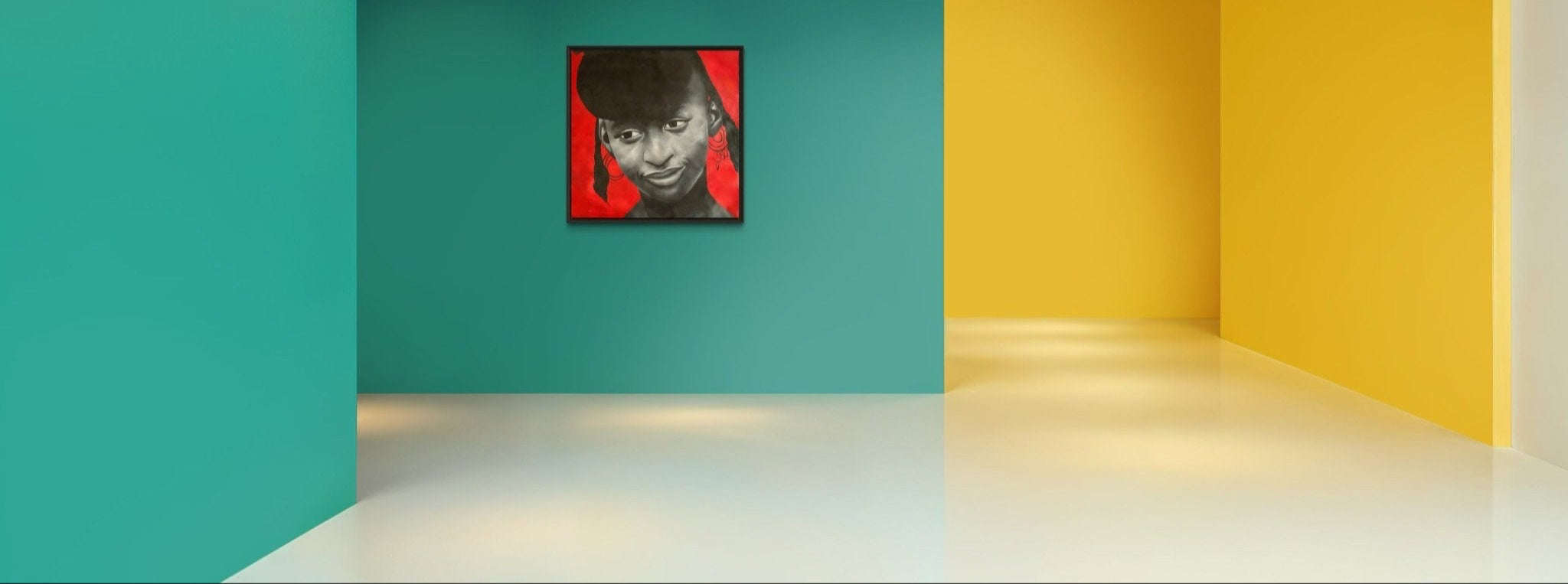 A modern gallery with teal and yellow walls displays "Fulani Girl," an original acrylic portrait by Kehinde Badmus, featuring a woman on a red background. The artwork hangs on the teal wall in a minimalist, brightly lit space with glossy white floors.