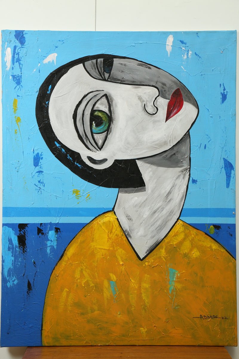 Gaze Of Hope by Ifeanyi Admire is a vibrant abstract acrylic on canvas depicting a person with a large tilted head, striking green eye, red lips, and yellow top against a bold blue background. Hand-signed by the artist.