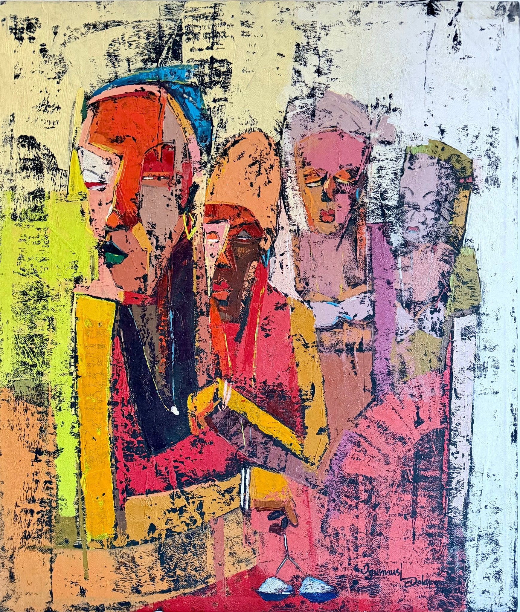 Gender Equality" by Dolapo Ogunnusi is an abstract painting of five figures with elongated faces in bold colors, set against a textured black and white background; hand-signed and includes a certificate of authenticity.