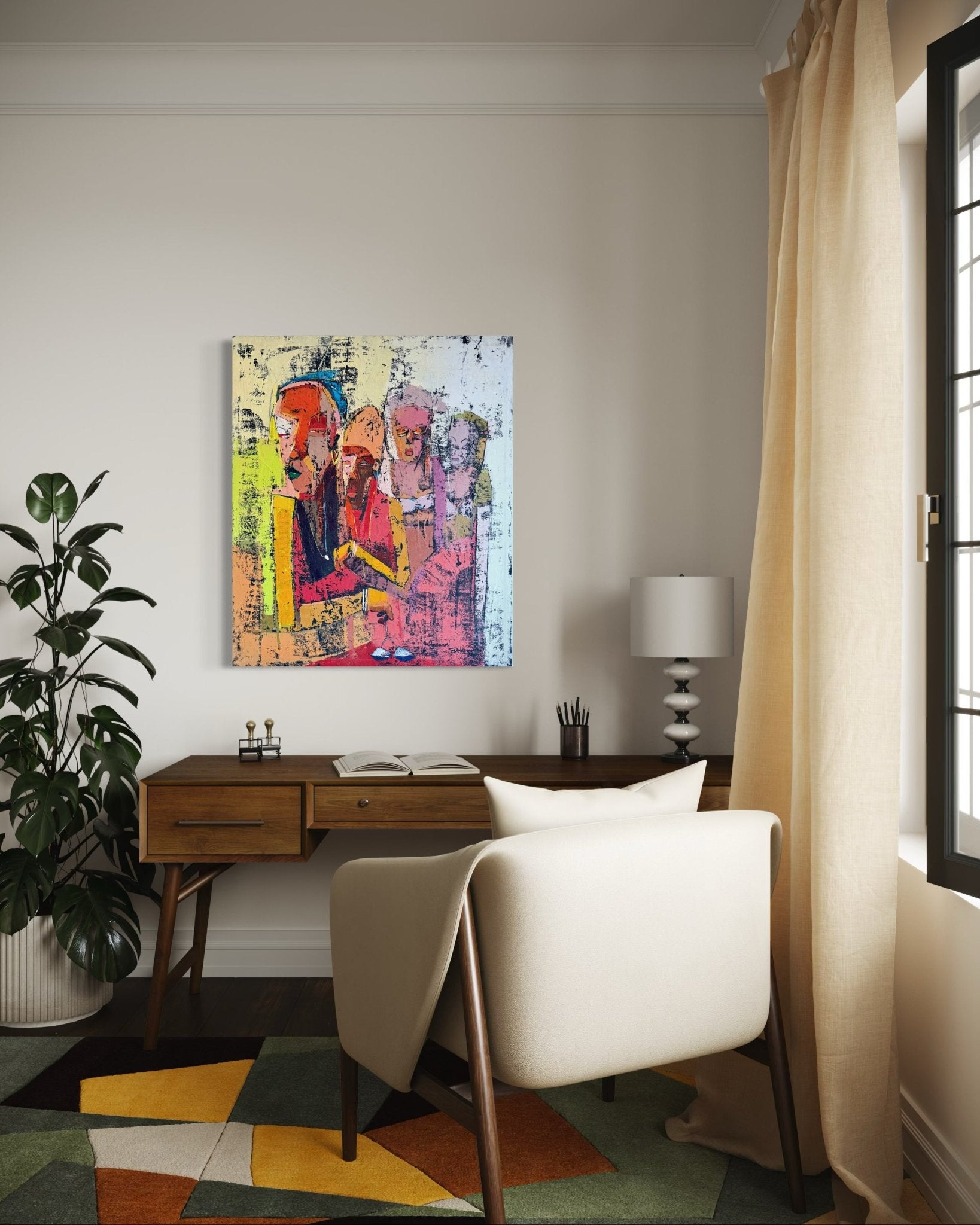 A modern home office features a mid-century wooden desk, a white chair, plant, lamp, beige curtains, and 'Gender Equality,' an abstract colorful hand-signed painting by Dolapo Ogunnusi with a certificate of authenticity above the desk.