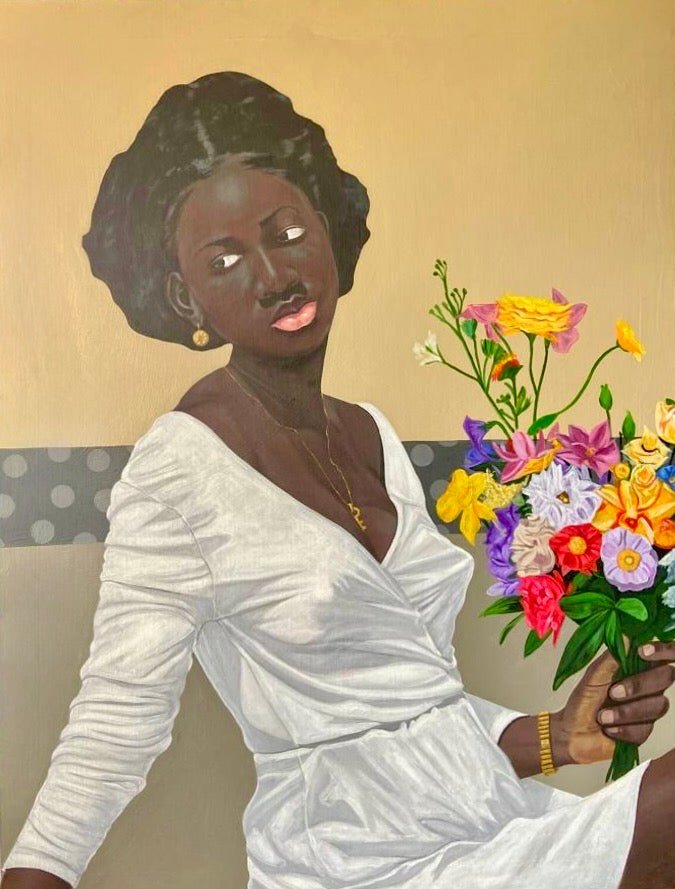 In "Give yourself all the flowers" by Ajenifuja Abiodun, a dark-skinned woman in a white dress and gold jewelry holds a vibrant bouquet, gazing sideways against a beige and gray polka dot backdrop. Acrylic on canvas.