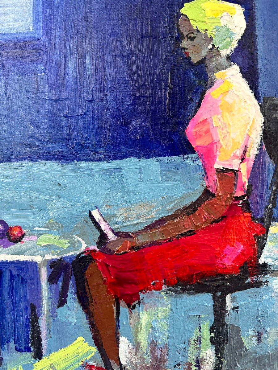 Graceful Pose" by Wande George is an impressionist acrylic painting on canvas depicting a woman with short blonde hair in a pink top and red skirt, seated and reading. The blue-toned background includes a table with fruit.