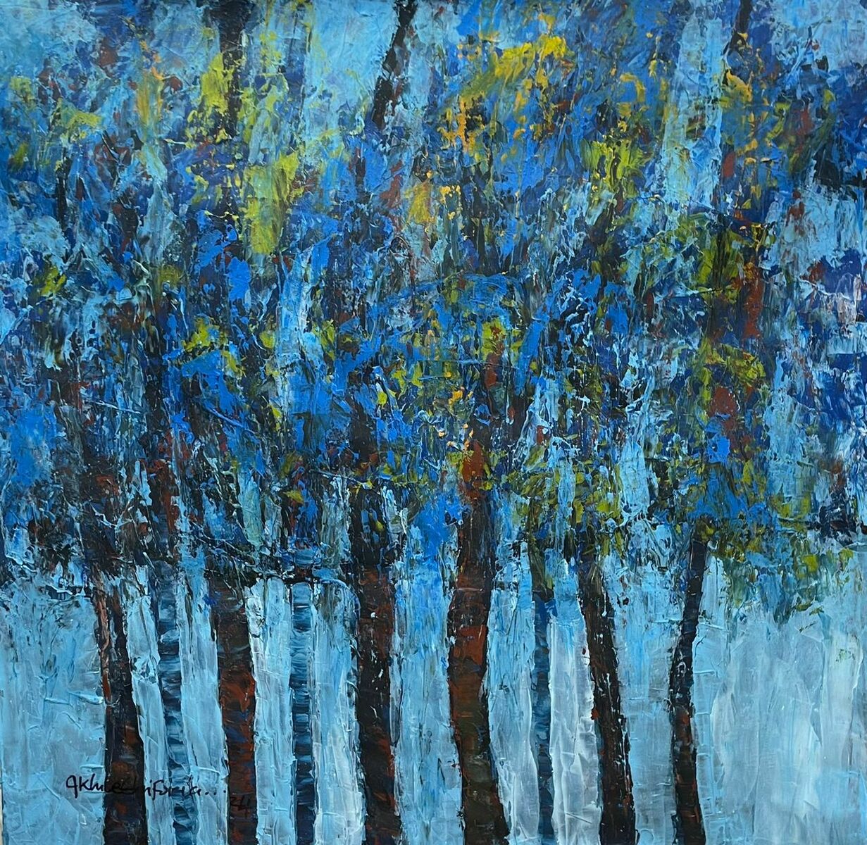 Growth" by Akhile Ehiforia is an extra large impasto nature painting featuring tall trees with textured blue, yellow, and green foliage on canvas. Hand-signed and includes a certificate of authenticity.