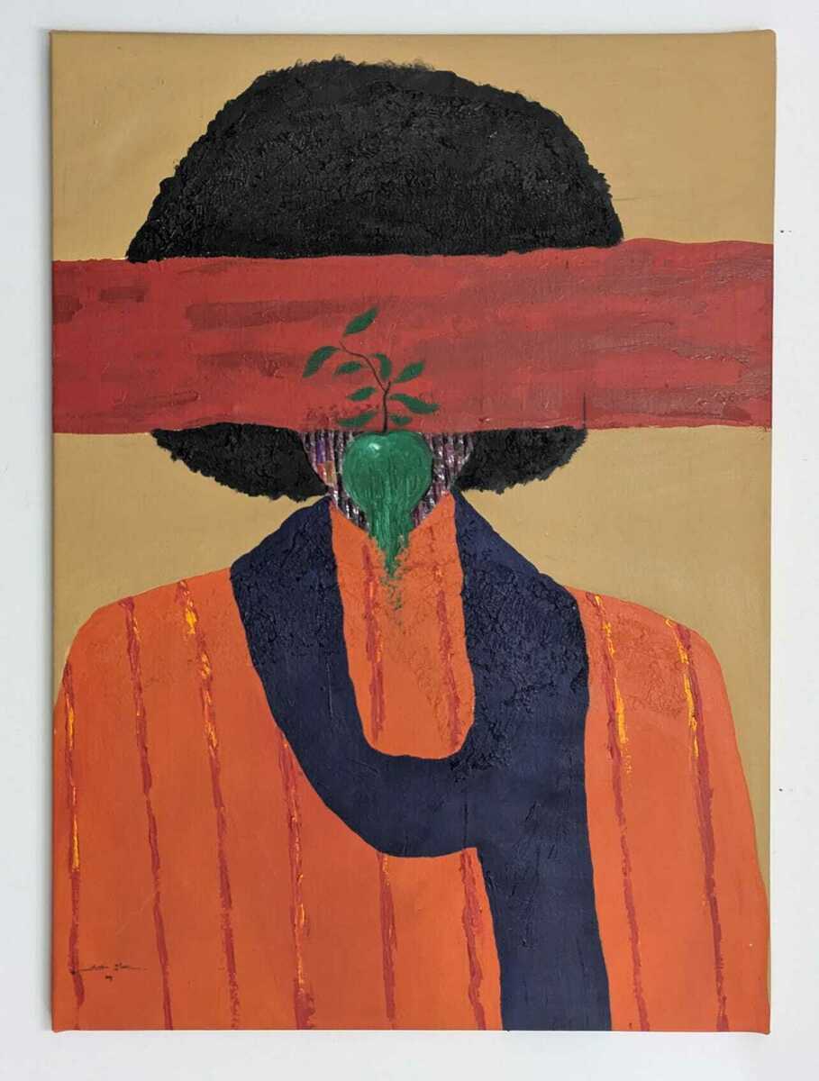 Austin Slam – Growth II by Slam Austin is a bold piece of African contemporary art, depicting an abstract portrait with a large black afro, orange-blue striped outfit, red eye band, and green plant emerging from the mouth on beige canvas.