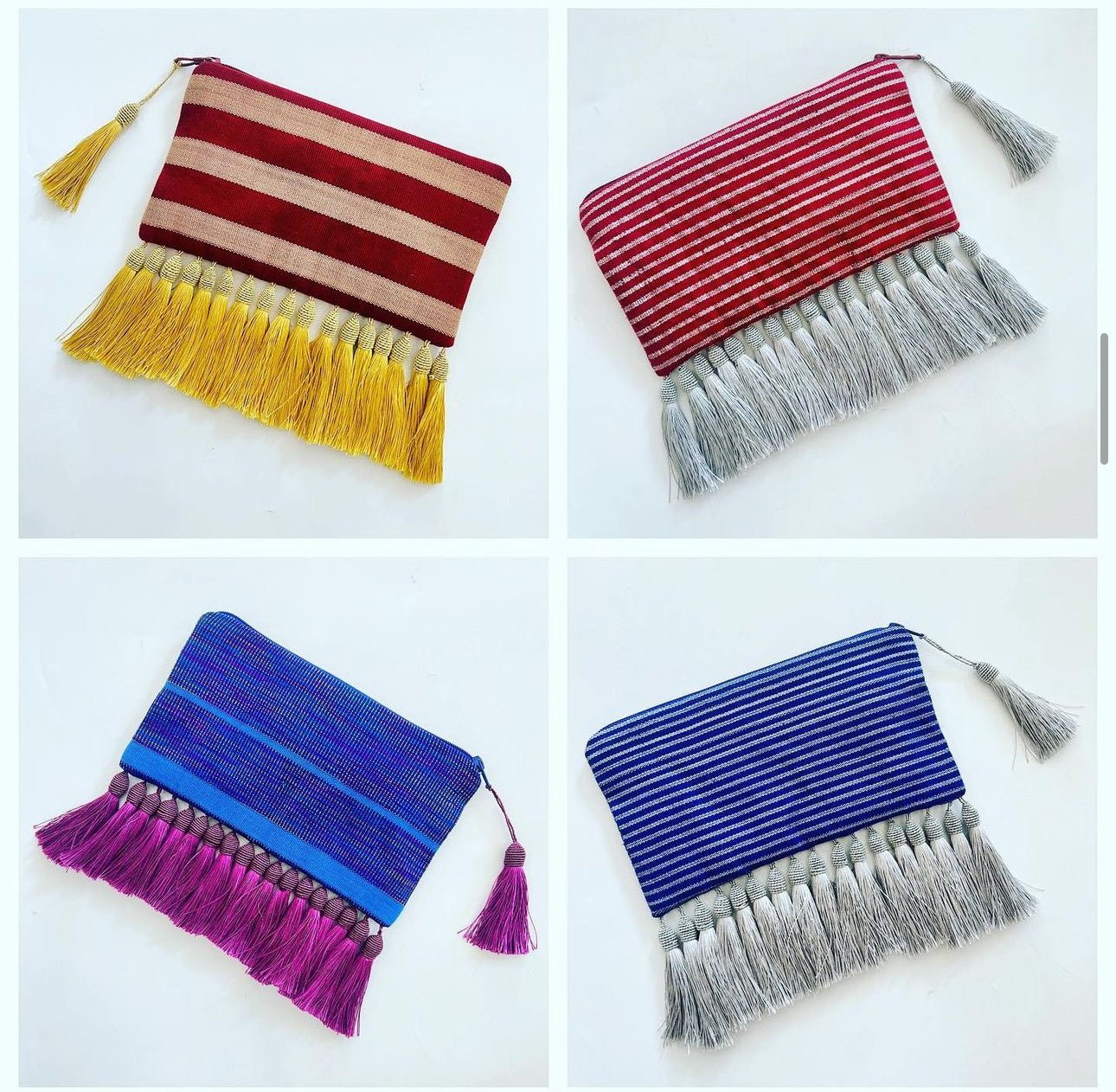 Set of four Handmade Ashoke Tasseled Clutches by bibianna.co.uk—rectangular, striped pouches with tassel zipper and fringe. Ideal for parties or evenings. Colors: red/yellow, red/gray, blue/magenta, blue/gray on white background.