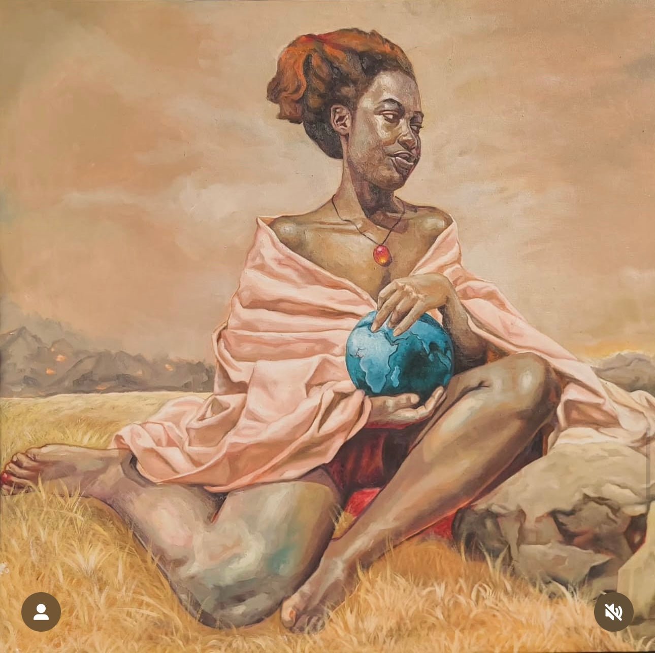 A woman draped in soft pink sits in a golden field, holding a small globe. Inspired by mountains and clouds, "Hope" by Emmanuel Ugwu evokes poetic, contemporary figurative art.