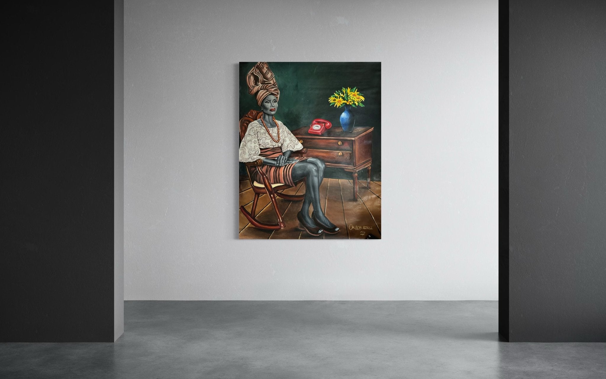 ‘I Am Ready’ by Azeez Okulaja is a striking acrylic on canvas portrait of a Yoruba woman in traditional Iro, Buba, and Gele, seated by a red rotary phone, blue vase with yellow flowers, and books in a minimalist gallery setting.