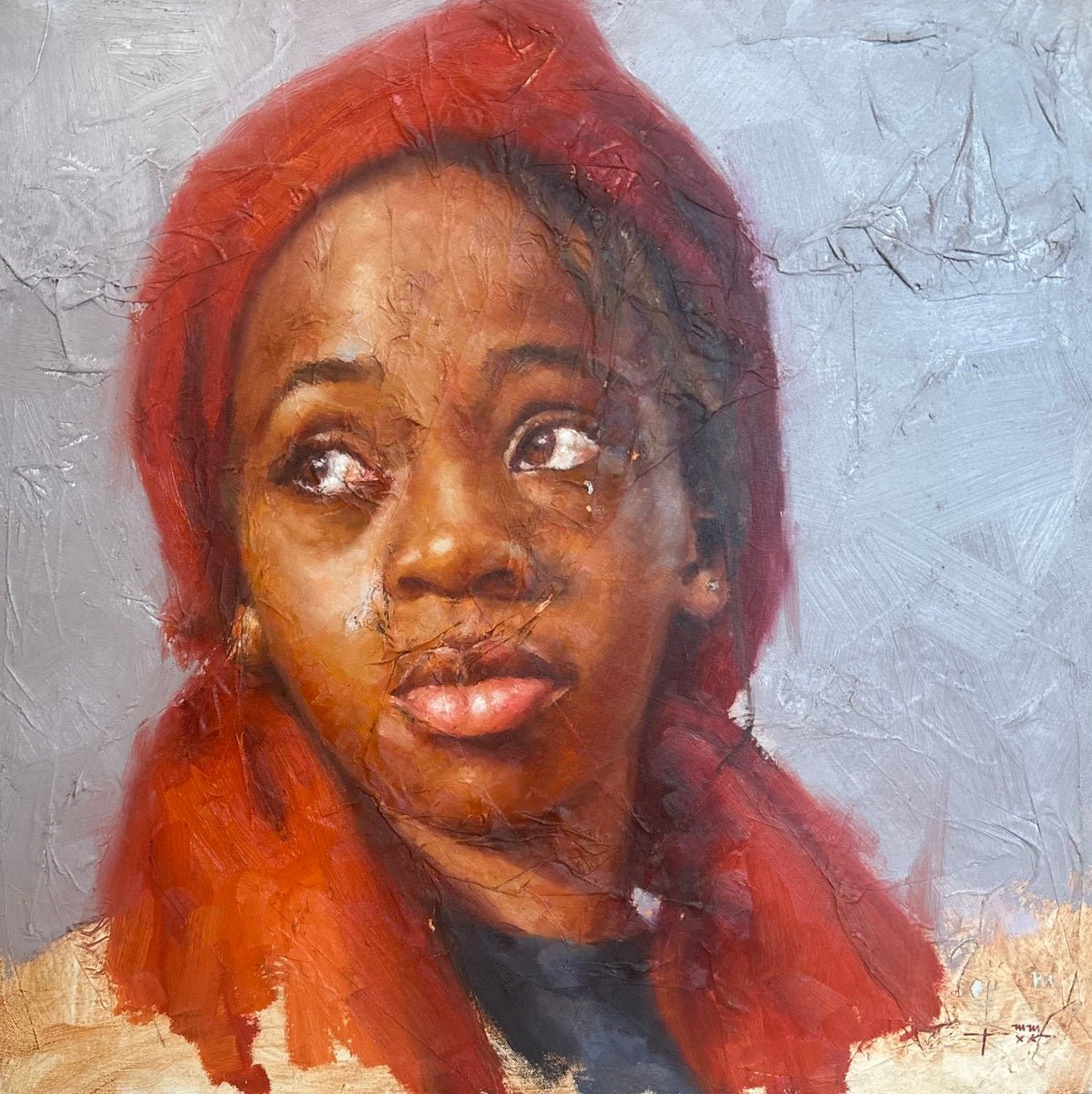 Hopeful For A Better Tomorrow" from Raji Mohammed’s Expectation Series is a figurative portrait of a woman in a red headscarf, gazing left. Warm tones in her skin and attire are set against a textured gray background for striking contrast.