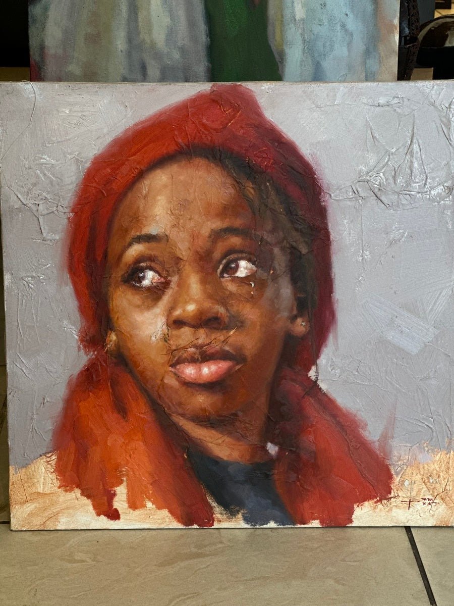 Hopeful For A Better Tomorrow" from the Expectation Series by Raji Mohammed is a realistic figurative portrait of a young girl in a red headscarf, gazing left with a thoughtful look against a textured gray background.
