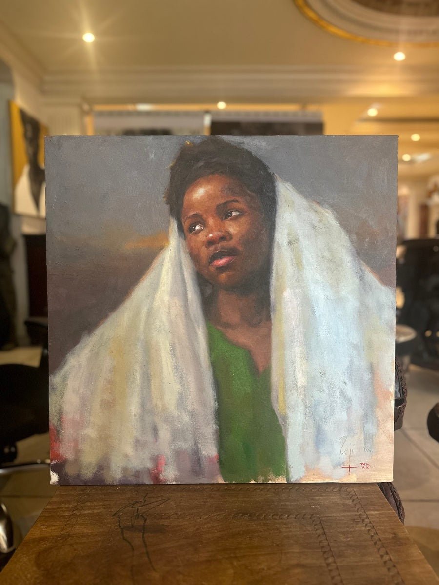Towards A Brighter Future" by Raji Mohammed features a thoughtful woman in a green top and sheer white veil, displayed on wood in warm light—an elegant figurative portrait for any collection.