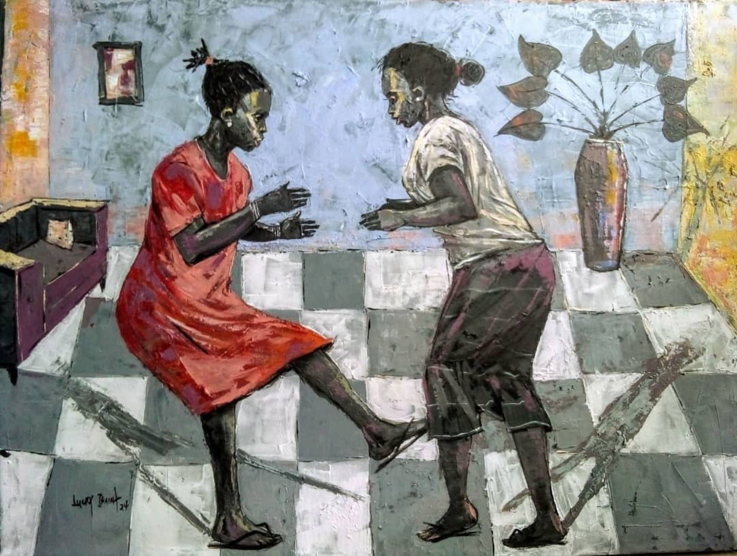 Indoor Games" Still Life by Lucky Isaiah depicts two girls playing a clapping game on a checkered floor. Expressively styled with warm and cool tones, this unique artwork comes hand-signed by the artist.