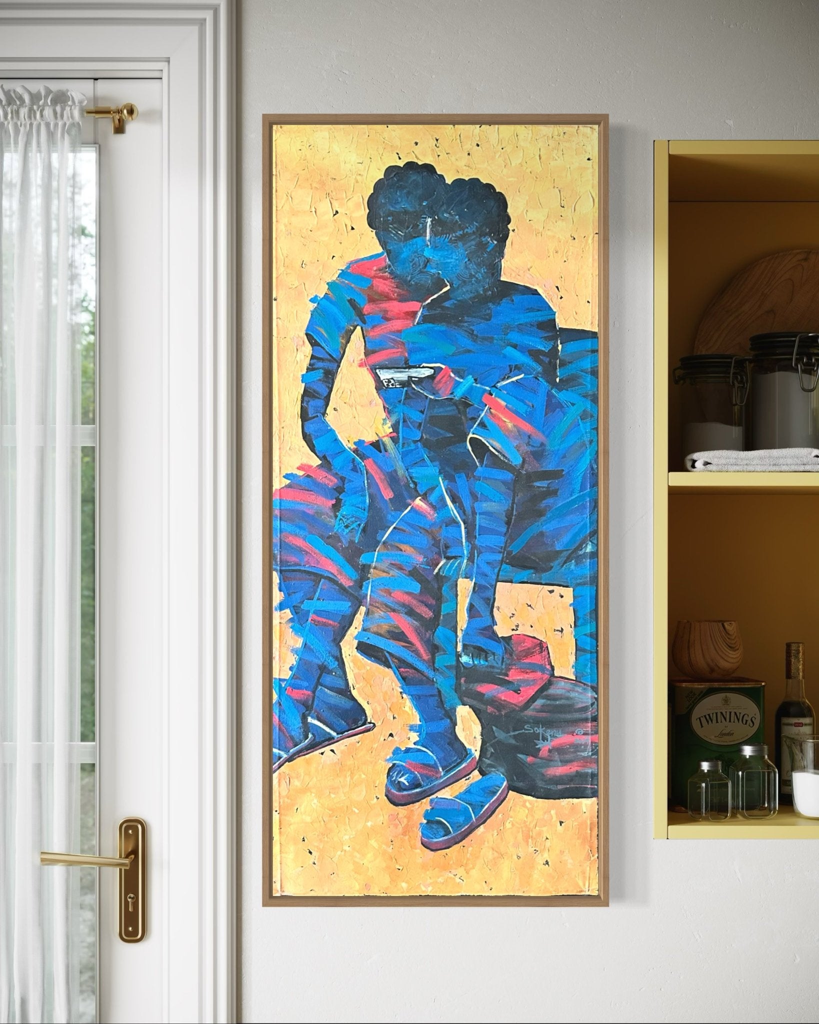 Intervention" by Sokenu Abayomi is a vibrant acrylic on canvas depicting two figures in blue, red, and black against a textured yellow background. This striking African artwork arrives framed, ready to enhance any light-colored wall.
