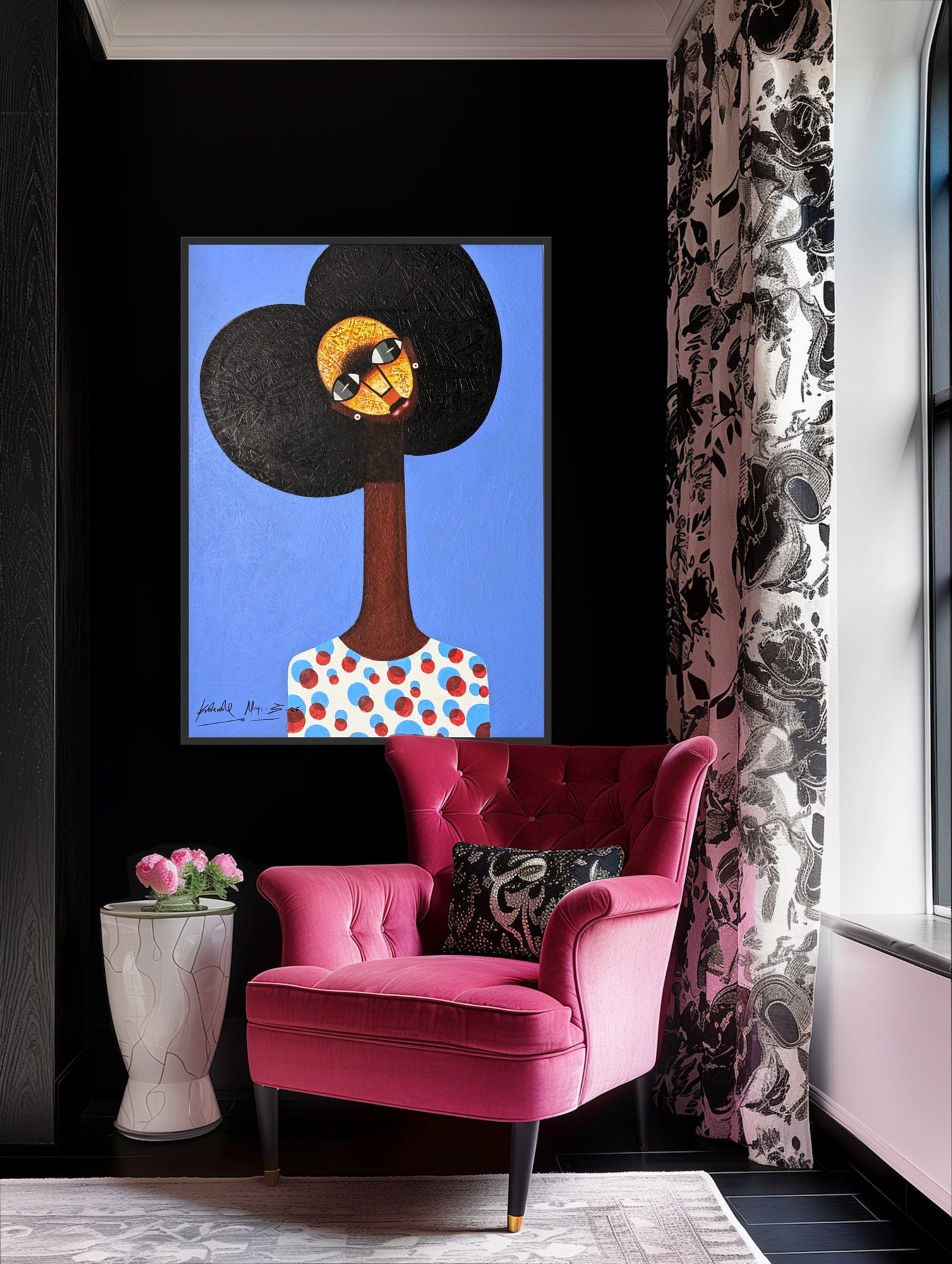 A modern living space featuring a bright pink tufted armchair, a white side table with pink flowers, and the Kolawale Niyi Charming Cubist Portrait With Textured Details, hand-signed, displayed on a black wall framed by patterned curtains.