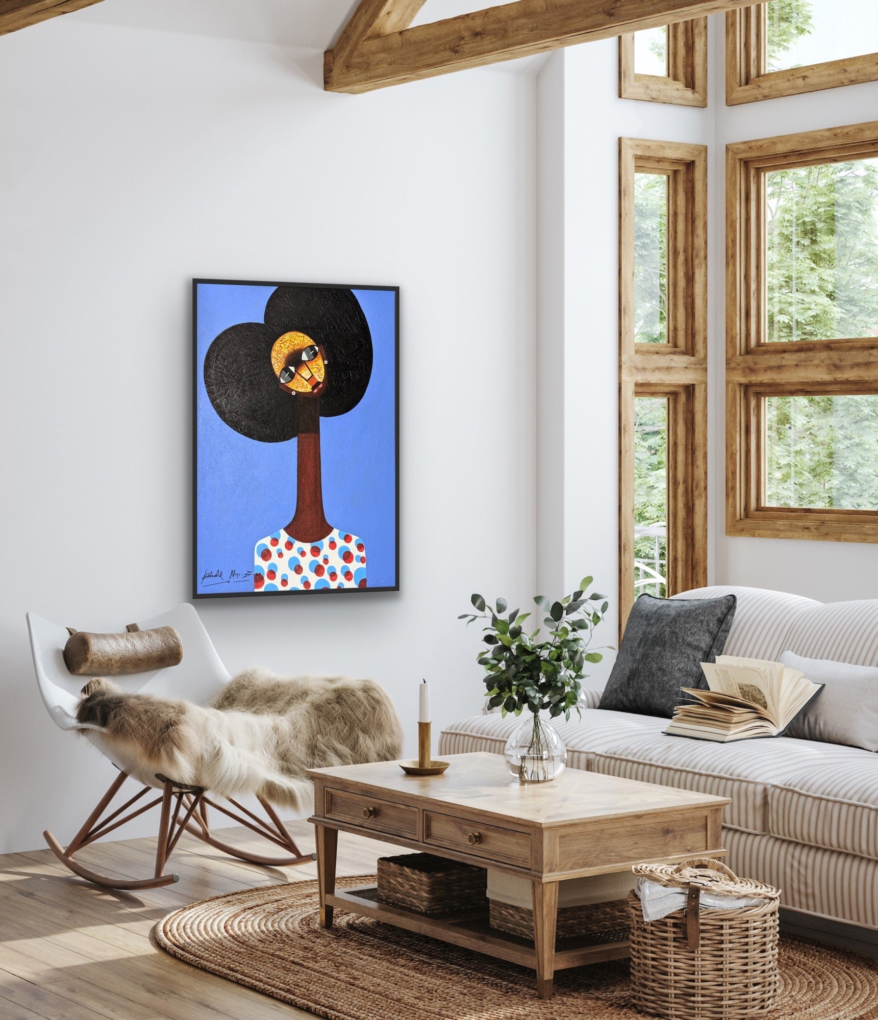 A cozy, sunlit living room with large wooden-framed windows, a modern white chair draped with a fur throw, light wood coffee table, beige sofa, lush houseplants, and Kolawale Niyi's Charming Cubist Portrait With Textured Details on the wall.