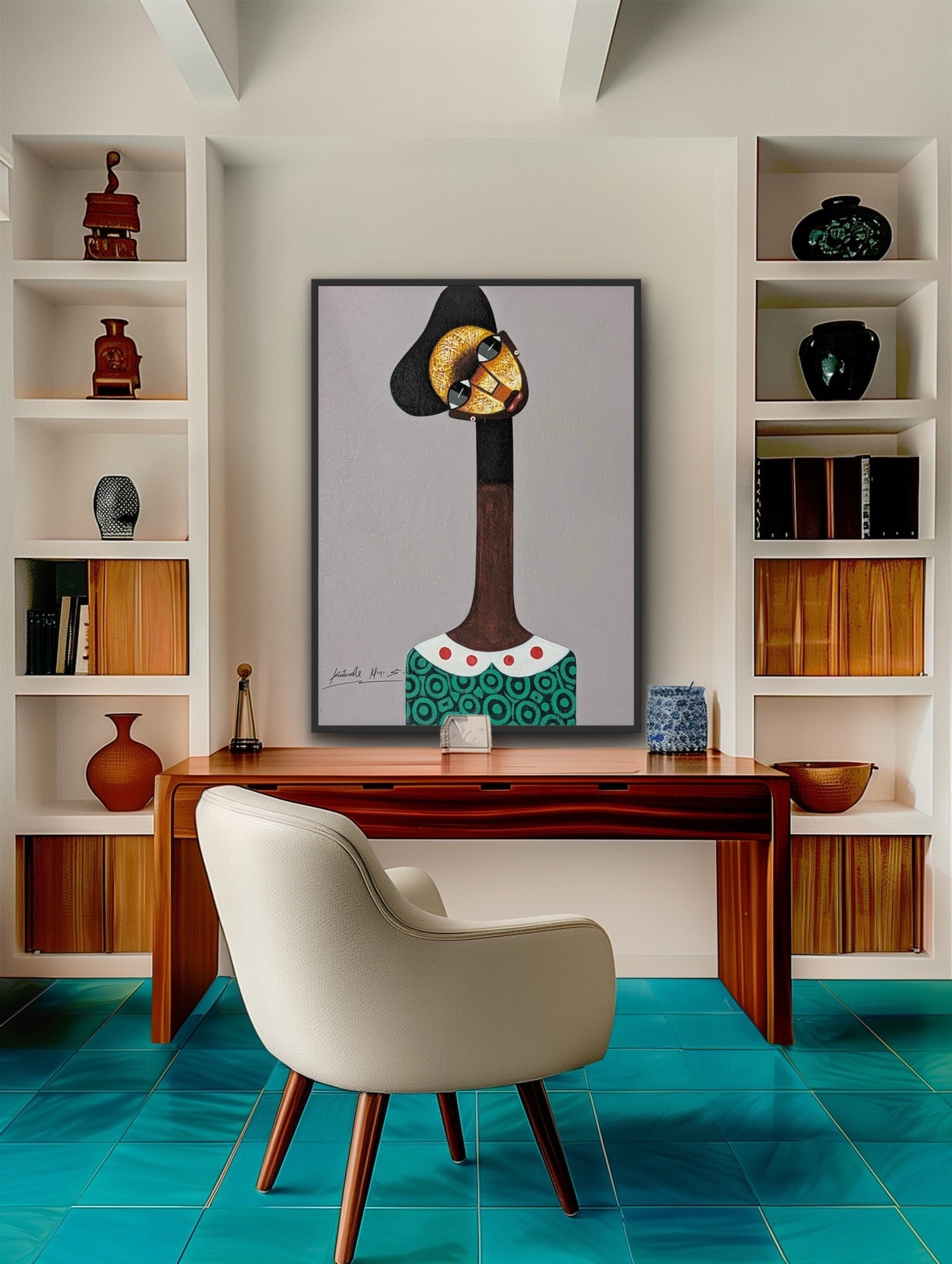 A modern study with turquoise floor tiles, a wooden desk, and a white chair. The Kolawale Niyi Cubist Portrait by Kolawale Niyi hangs on the wall, surrounded by built-in shelves holding books, ceramics, and decor.