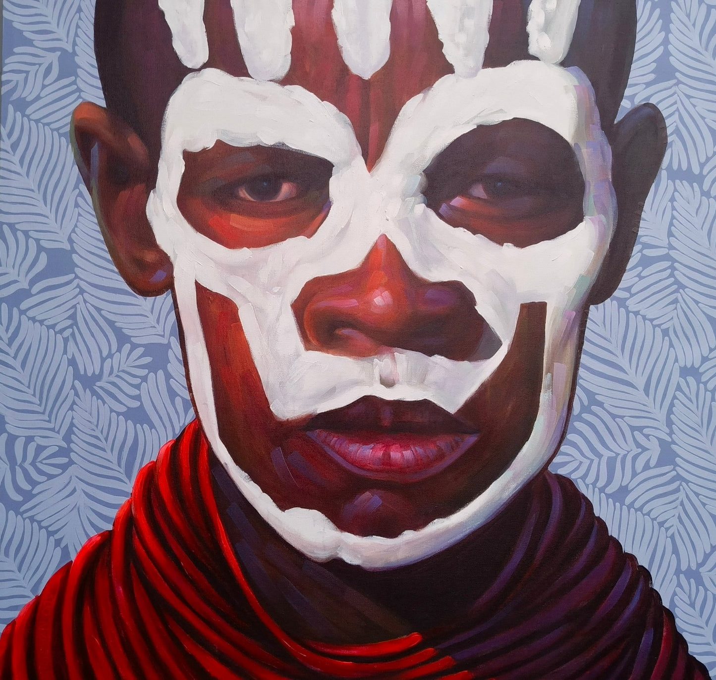 Original portrait painting of a man with tribal body paint against a blue and white floral background by ghanian artist Kwesi Koo Nyarkoh from the series Much more than beautification