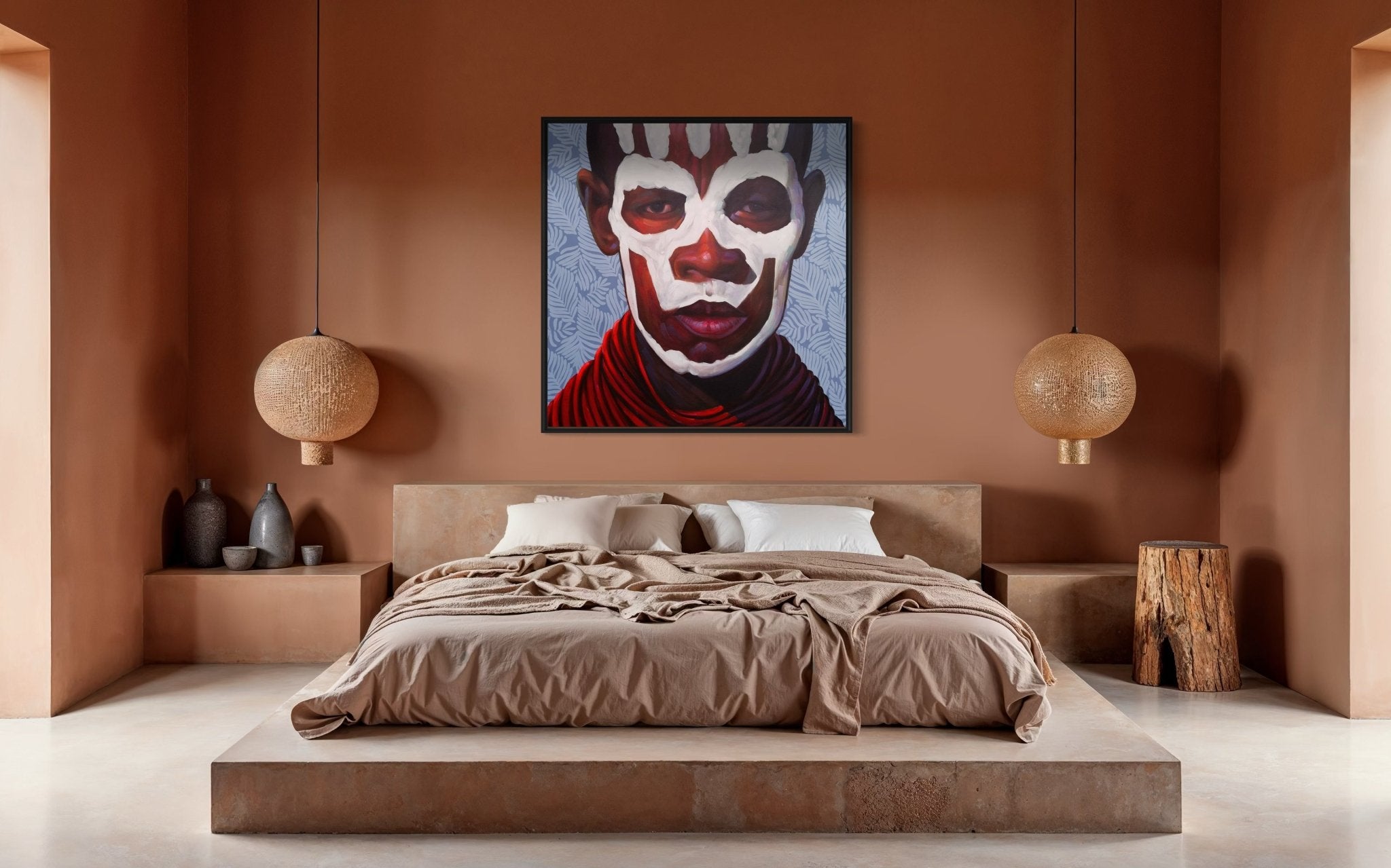 A modern bedroom with earthy-toned decor features Kwesi Koo Nyarkoh’s Original Impressionist Painting 3 above the bed, complemented by two pendant lights and ceramic vases.