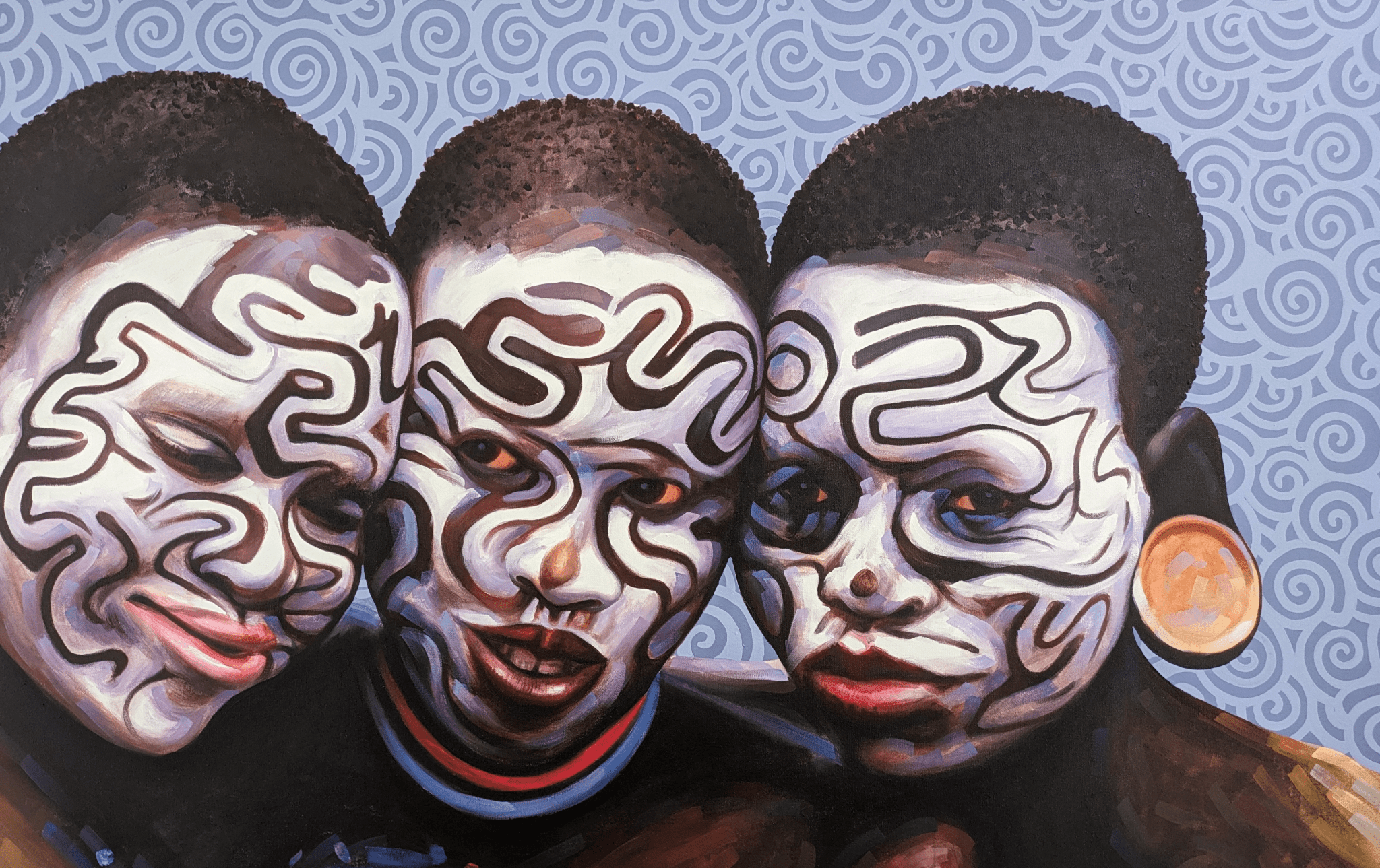 Original portrait painting of 3 children with tribal body paint against a blue and white spiral background by ghanian artist Kwesi Koo Nyarkoh from the series Much more than beautification