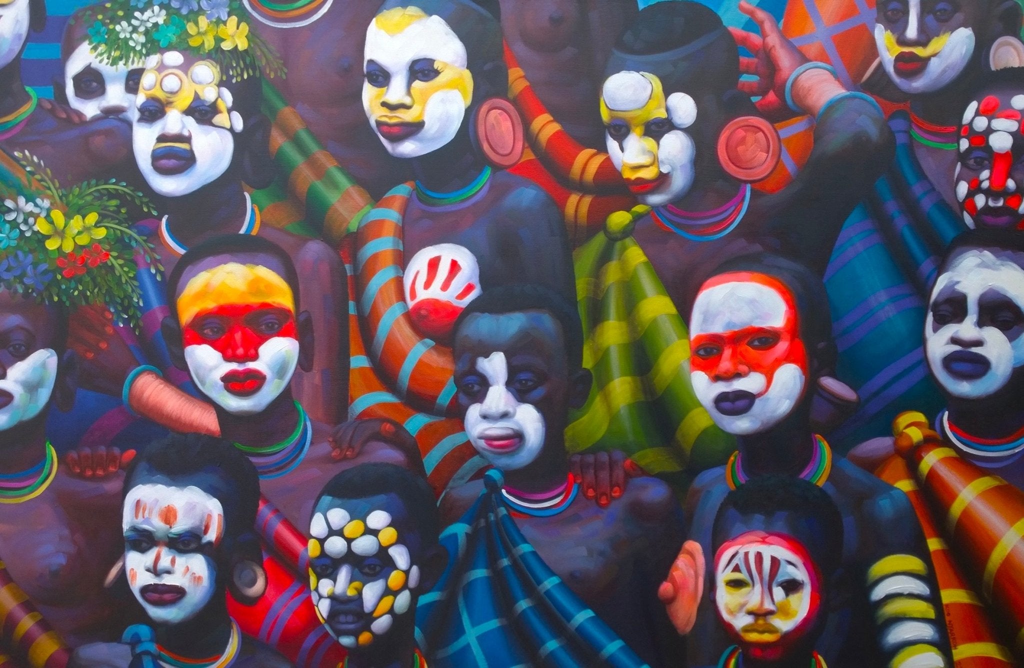 Original portrait painting of young people adorned with tribal body paint, floral head dress with traditional draped fabric and beads vibrant colours at a festival by ghanian artist Kwesi Koo Nyarkoh from the series Much more than beautification