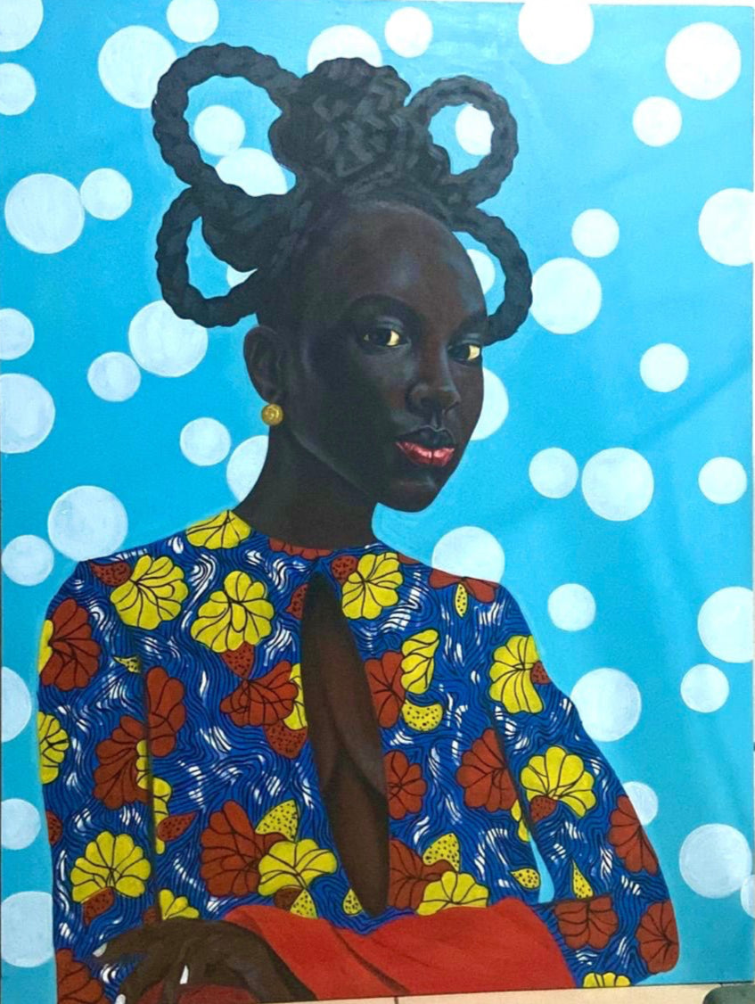 Enigmatic Beauty: 'Lady' by Ajenifuja Abiodun depicts an African woman with braided hair in a floral dress, confidently posed against a blue background with white dots, showcasing the vibrancy of contemporary African art.