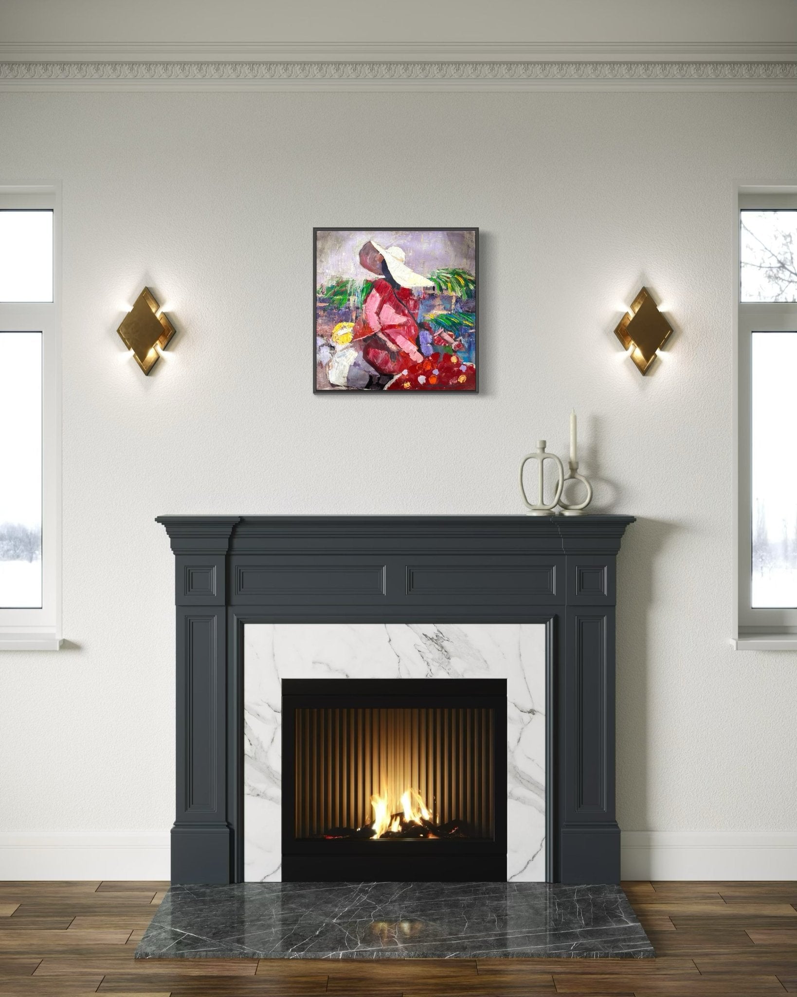 A modern living room features a black and white marble fireplace with gold sconces, and "Market Sance" Lady In Sun hat by NOSA OSADOLOR above the mantel. Two decorative vases are also displayed on the mantel.