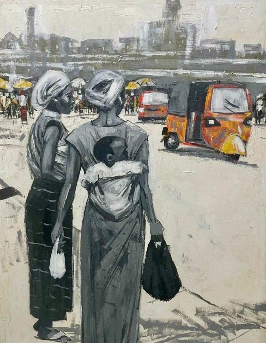 Lagos Life" City Scape Still Life by Lucky Isaiah shows two women in traditional attire, one with a baby, walking along a lively street with umbrellas and an auto-rickshaw—urban Lagos captured in a striking monochrome style.