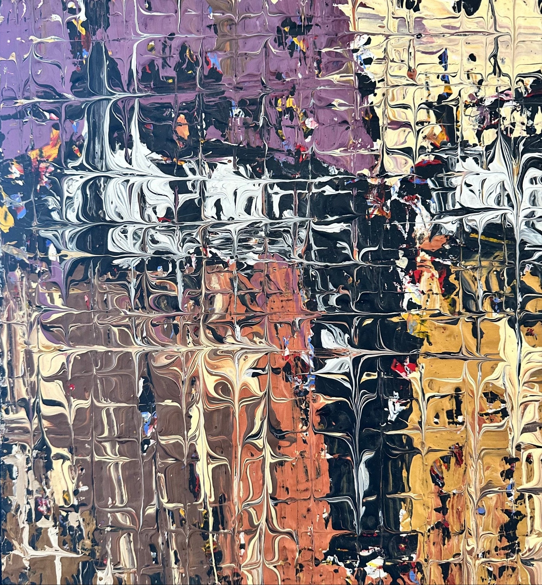 Layers Of Good Fortune" from Toyin Omolowo’s Textured Abstract Series features acrylic on board with wavy lines and rectangular patterns in purple, white, black, brown, and yellow for a dynamic, mosaic-like effect. A unique piece by Toyin Omolowo.