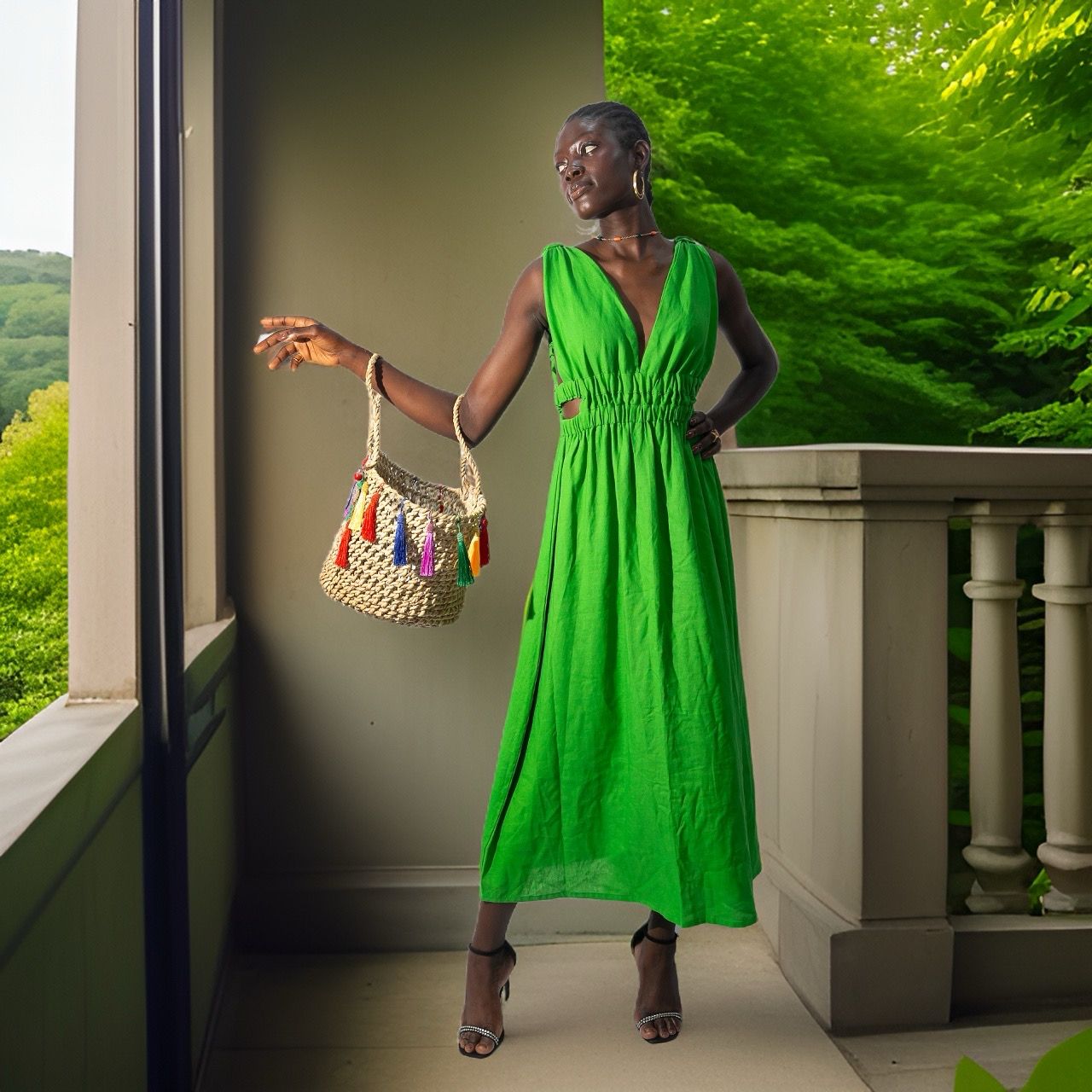 A woman in the bibianna.co.uk Linen Cutout Dress stands on a balcony with a straw bag and heeled sandals. Lush green trees in the background highlight her chic summer look.