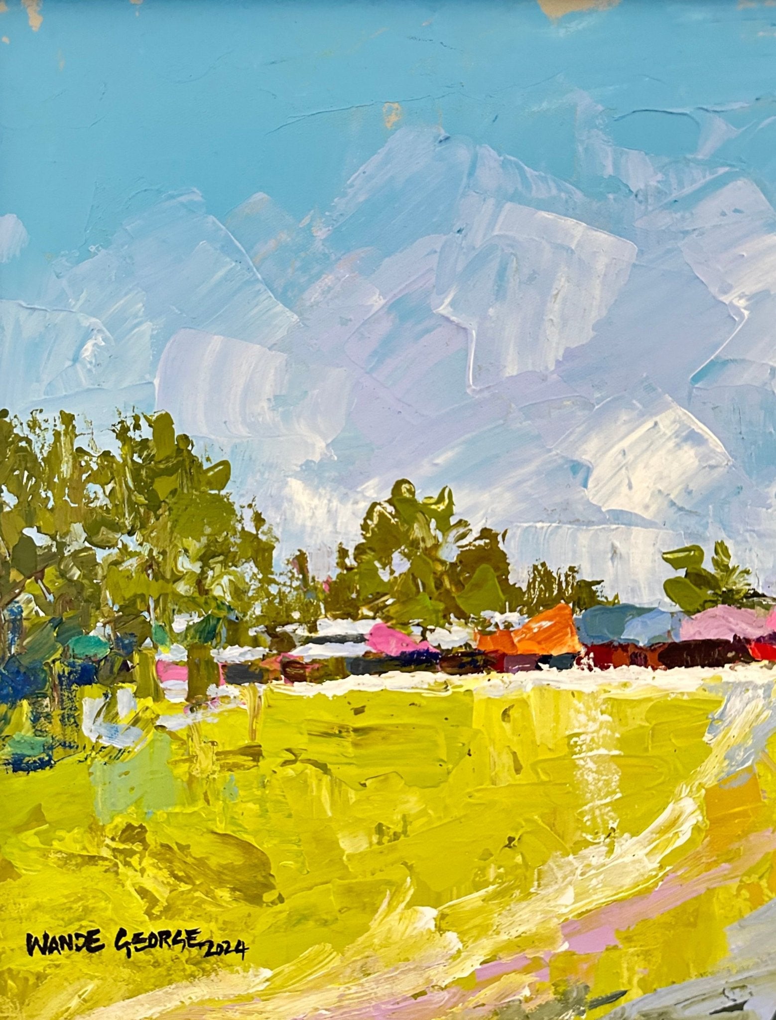 Long Awaited Visit" by Wande George (2024) is a colorful impressionist acrylic on canvas featuring trees, a yellow-green field, vibrant sky, distant buildings, and is hand-signed in the bottom left corner by the contemporary Nigerian artist.