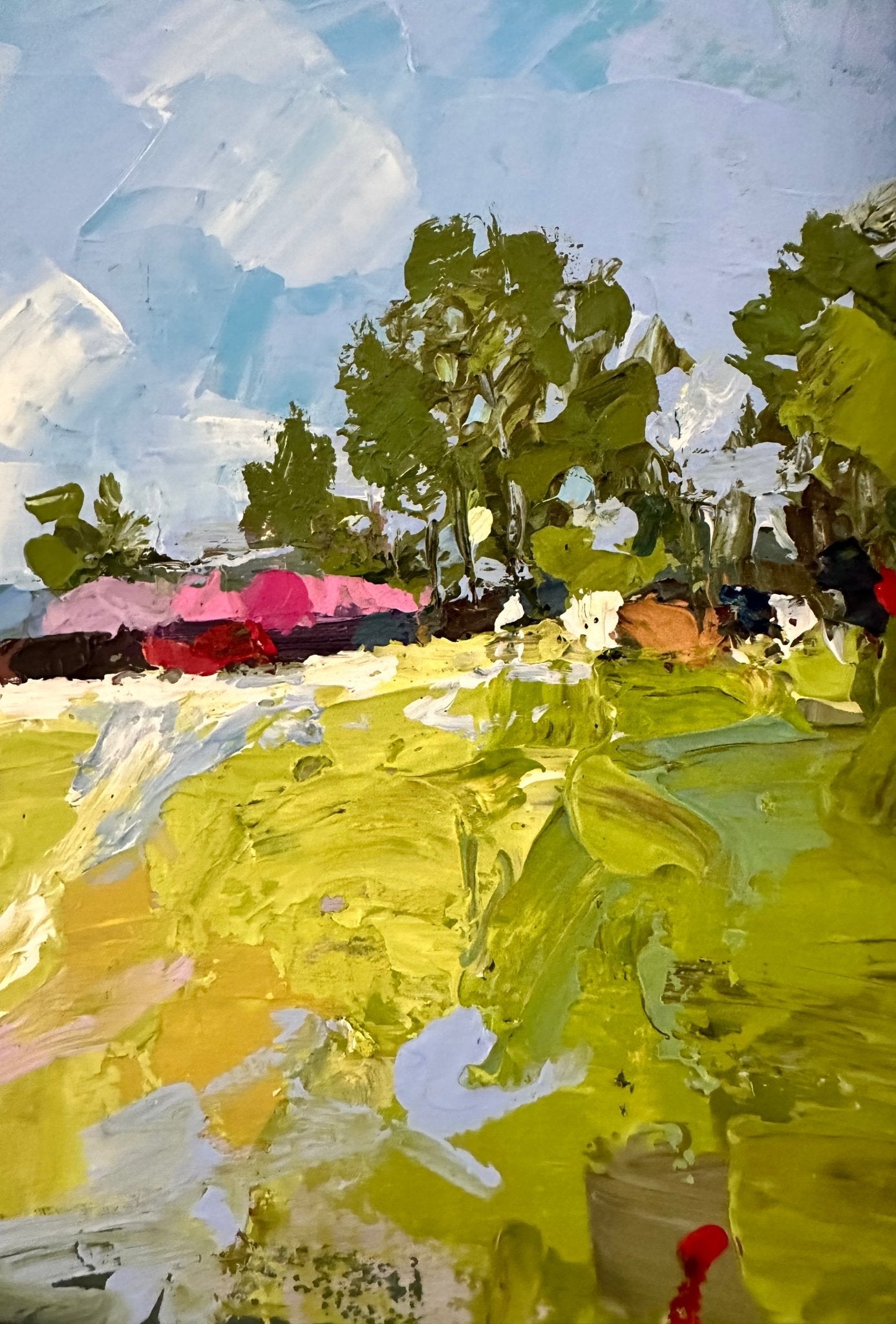 Long Awaited Visit" by Wande George is an impressionist acrylic on canvas landscape, featuring bold textured brushstrokes, grassy fields, trees under a blue sky, and pink-red forms evoking distant buildings or flowers.