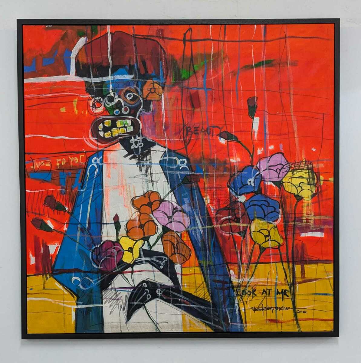 Look At Me" by Olasunkanmi Oyelusi is a colorful abstract acrylic on canvas featuring a distorted figure, vivid red and yellow background, multicolored flowers, scribbles, and the text "LOOK AT ME"; hand-signed by the artist.