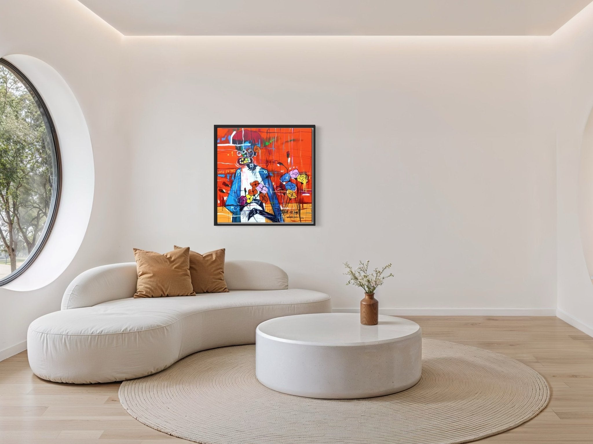 a colorful abstract acrylic on canvas featuring a distorted figure, vivid red and yellow background, multicolored flowers, scribbles, and the text "LOOK AT ME