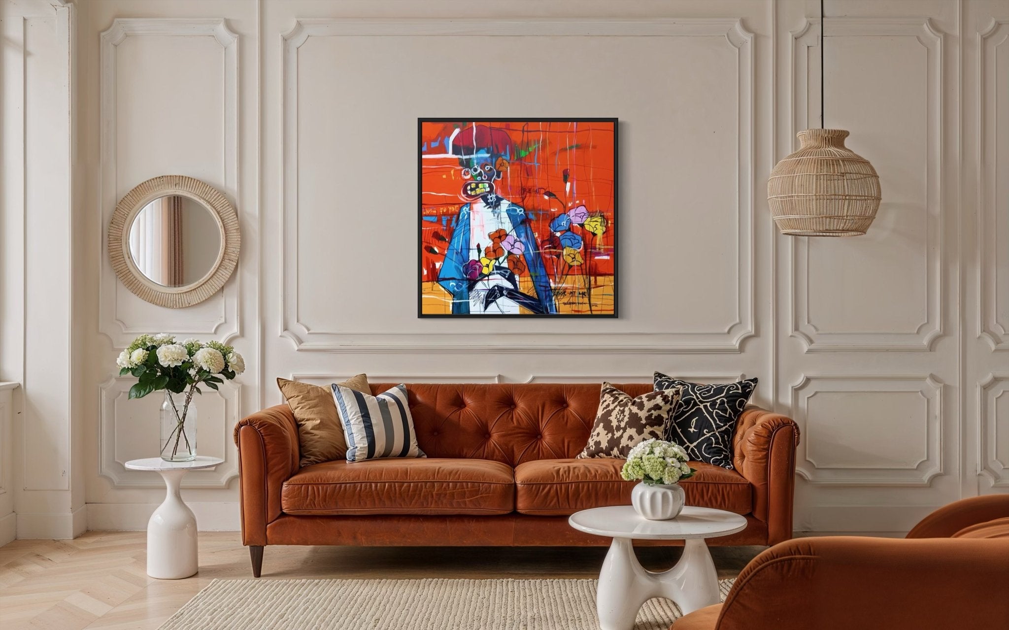 a colorful abstract acrylic on canvas featuring a distorted figure, vivid red and yellow background, multicolored flowers, scribbles, and the text "LOOK AT ME