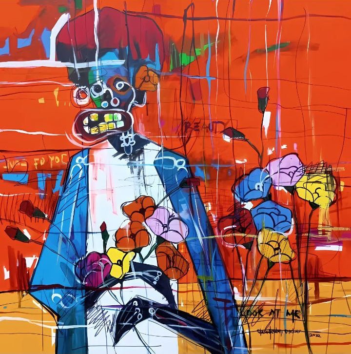 a colorful abstract acrylic on canvas featuring a distorted figure, vivid red and yellow background, multicolored flowers, scribbles, and the text "LOOK AT ME