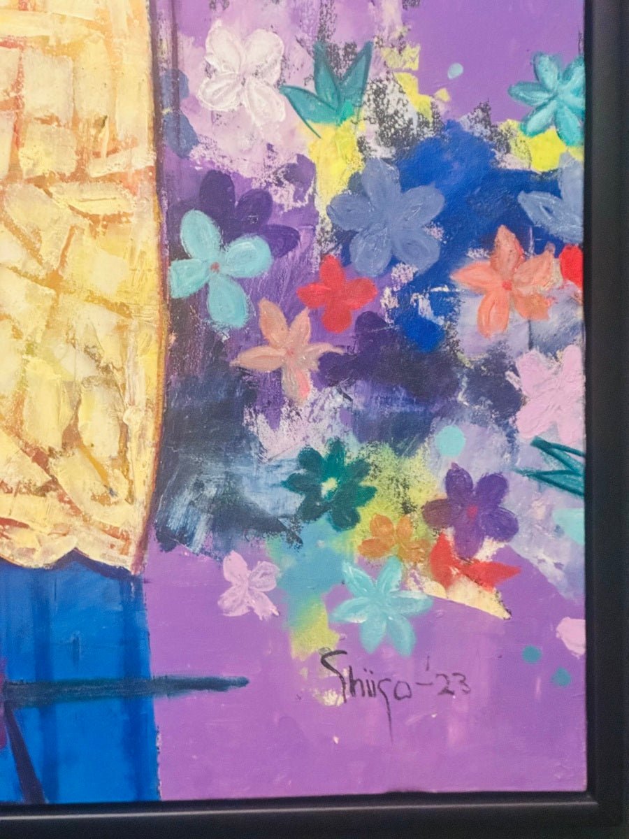 A section of "Floral Reverie: Contemporary African Art Portrait in Vivid Colours 'Loving Saturday'" by Akintoye Segun-Shiigo, featuring vibrant flower clusters on purple and signed Shiiso 23 at the bottom.