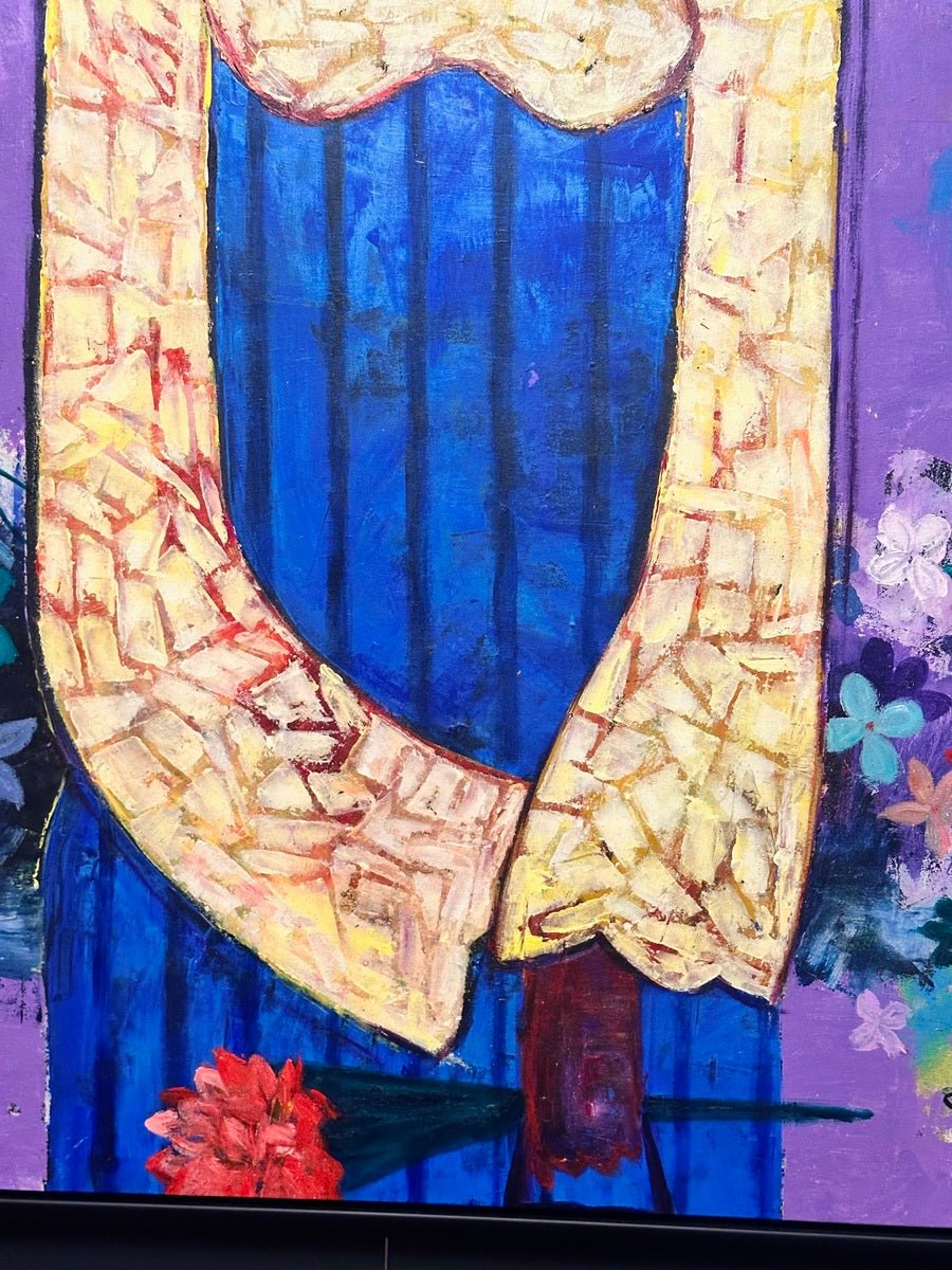 Floral Reverie: Contemporary African Art Portrait in Vivid Colours "Loving Saturday" by Akintoye Segun-Shiigo—an acrylic on canvas of a figure in a blue dress with yellow sleeves, holding a red flower against a purple, pastel-floral background.