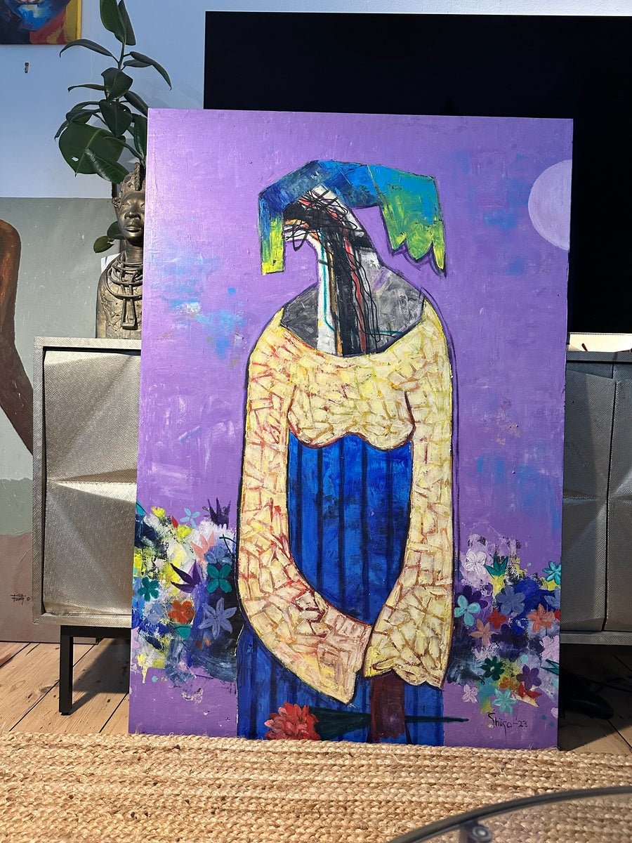 Discover "Floral Reverie: Contemporary African Art Portrait in Vivid Colours 'Loving Saturday'" by Akintoye Segun-Shiigo—a vibrant acrylic painting of a figure in blue and yellow amid flowers, set against a purple backdrop.