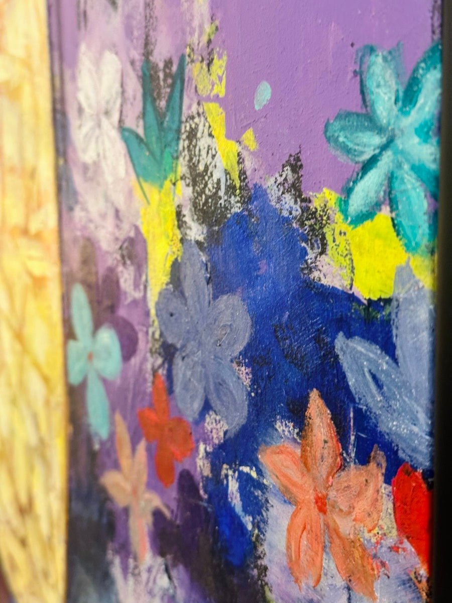 Close-up of "Floral Reverie: Contemporary African Art Portrait in Vivid Colours 'Loving Saturday'" by Akintoye Segun-Shiigo—a vibrant acrylic painting with hand-painted blue, purple, red, and teal flowers on a vivid purple-yellow canvas.