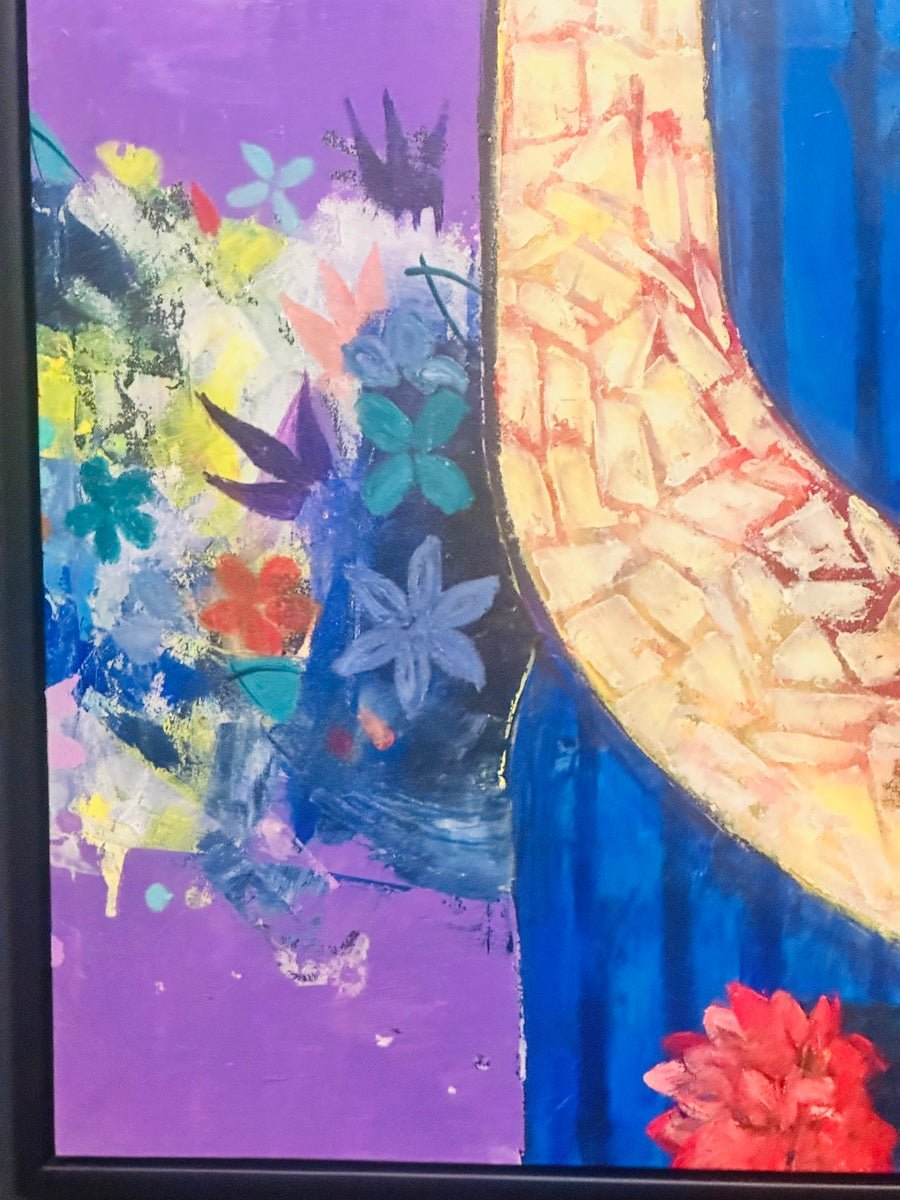 A section of "Floral Reverie: Contemporary African Art Portrait in Vivid Colours 'Loving Saturday'" by Akintoye Segun-Shiigo features abstract blue, red, and purple flowers on bright purple with a curved yellow shape—acrylic on canvas.