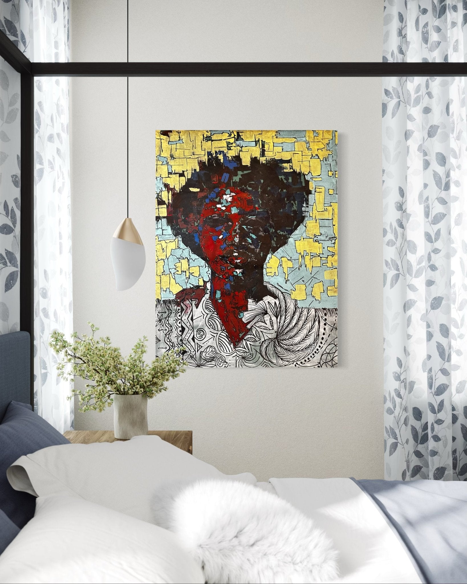 A modern bedroom features a bed with white bedding, a side table with greenery, and "Man Of Value," a hand-signed abstract portrait by Akinwunmi from the UK. Light streams through sheer, patterned curtains.