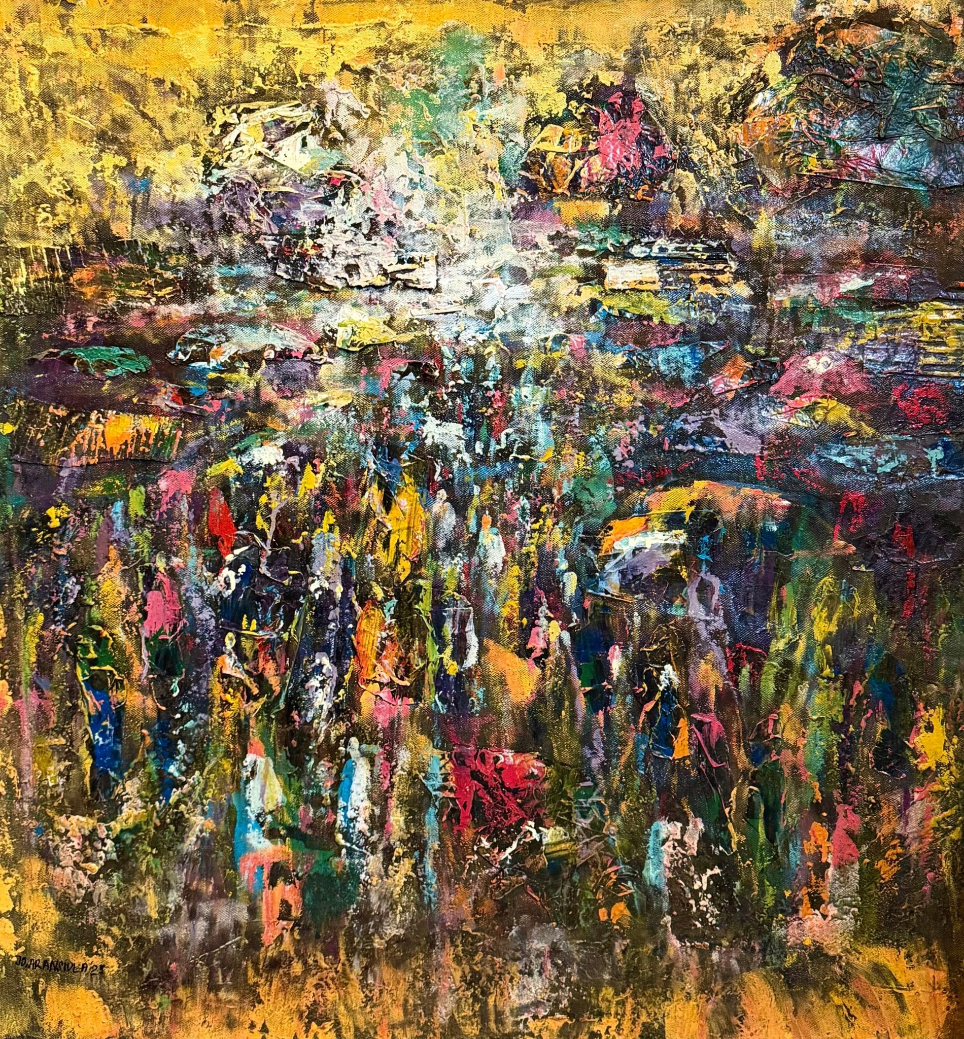 Market" by J.O. Aransiola is an abstract painting with vibrant yellows, pinks, purples, and greens. Dynamic brush strokes evoke the lively energy of an African market beneath a bright, chaotic sky.